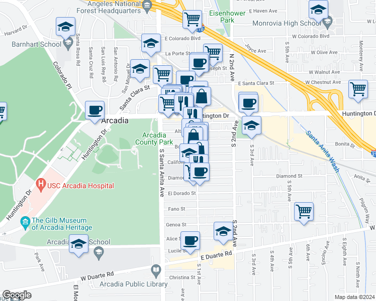 map of restaurants, bars, coffee shops, grocery stores, and more near 53 California Street in Arcadia