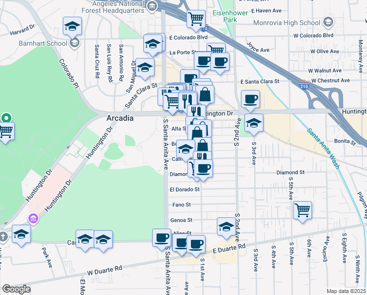 map of restaurants, bars, coffee shops, grocery stores, and more near 11 California Street in Arcadia
