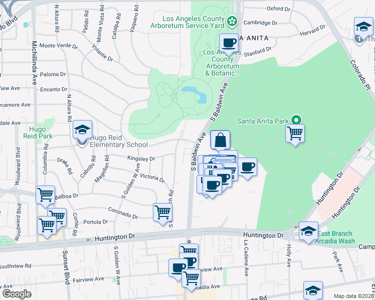 map of restaurants, bars, coffee shops, grocery stores, and more near 303 South Baldwin Avenue in Arcadia