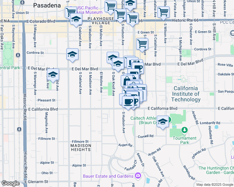 map of restaurants, bars, coffee shops, grocery stores, and more near 515 South Hudson Avenue in Pasadena