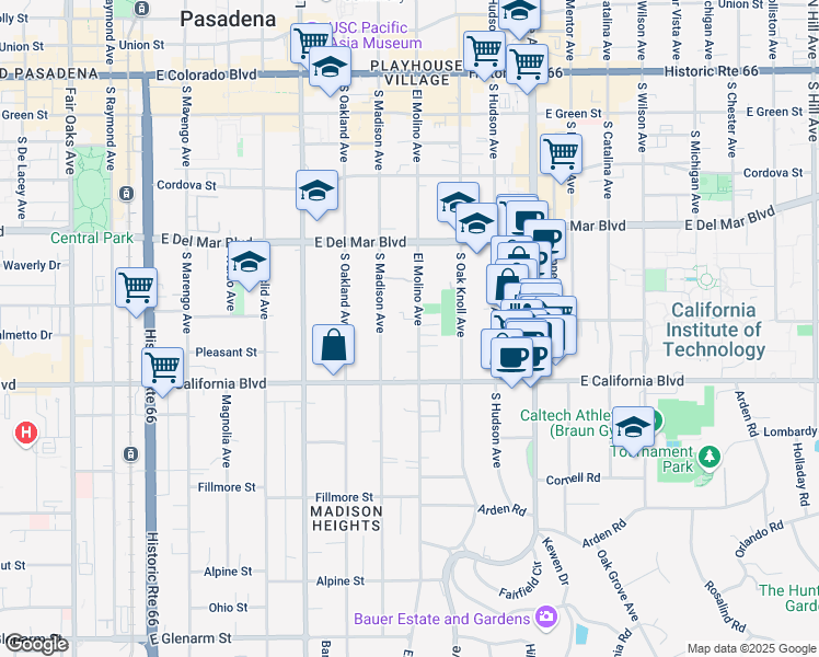 map of restaurants, bars, coffee shops, grocery stores, and more near 511 South El Molino Avenue in Pasadena