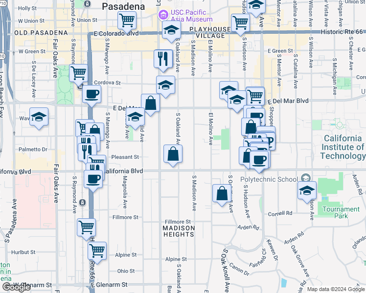 map of restaurants, bars, coffee shops, grocery stores, and more near 515 South Oakland Avenue in Pasadena
