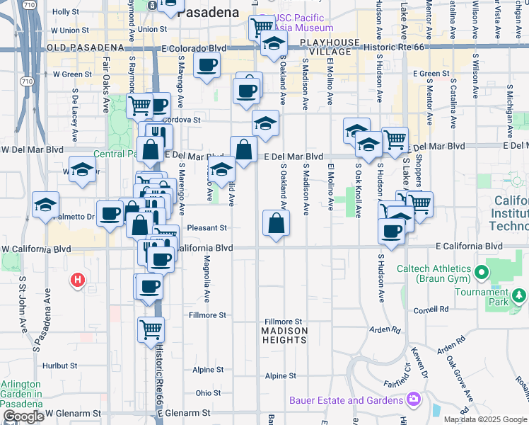 map of restaurants, bars, coffee shops, grocery stores, and more near 515 South Los Robles Avenue in Pasadena