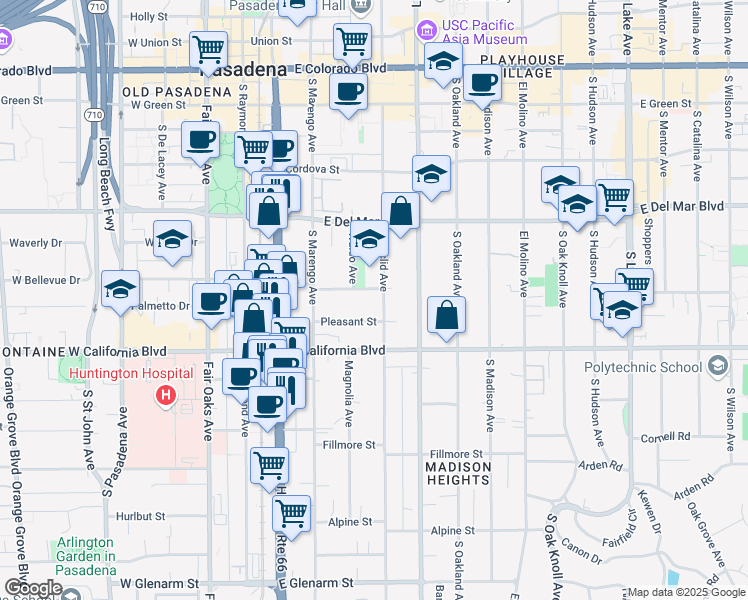 map of restaurants, bars, coffee shops, grocery stores, and more near 505 South Euclid Avenue in Pasadena