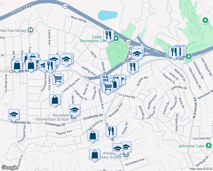 map of restaurants, bars, coffee shops, grocery stores, and more near 1063 Colorado Boulevard in Los Angeles