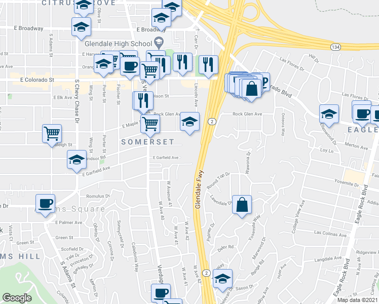 map of restaurants, bars, coffee shops, grocery stores, and more near 1545 Verd Oaks Drive in Glendale