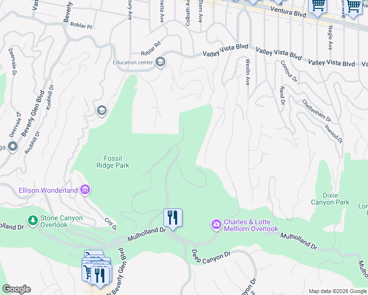 map of restaurants, bars, coffee shops, grocery stores, and more near 3363 Clerendon Road in Beverly Hills