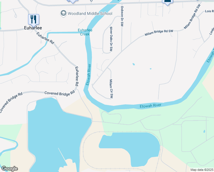 map of restaurants, bars, coffee shops, grocery stores, and more near 47 Milam Circle Southwest in Cartersville