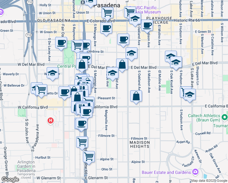 map of restaurants, bars, coffee shops, grocery stores, and more near 477 South Euclid Avenue in Pasadena