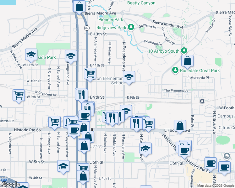 map of restaurants, bars, coffee shops, grocery stores, and more near 908 North Soldano Avenue in Azusa