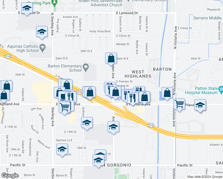 map of restaurants, bars, coffee shops, grocery stores, and more near 2239 Arden Avenue in Highland