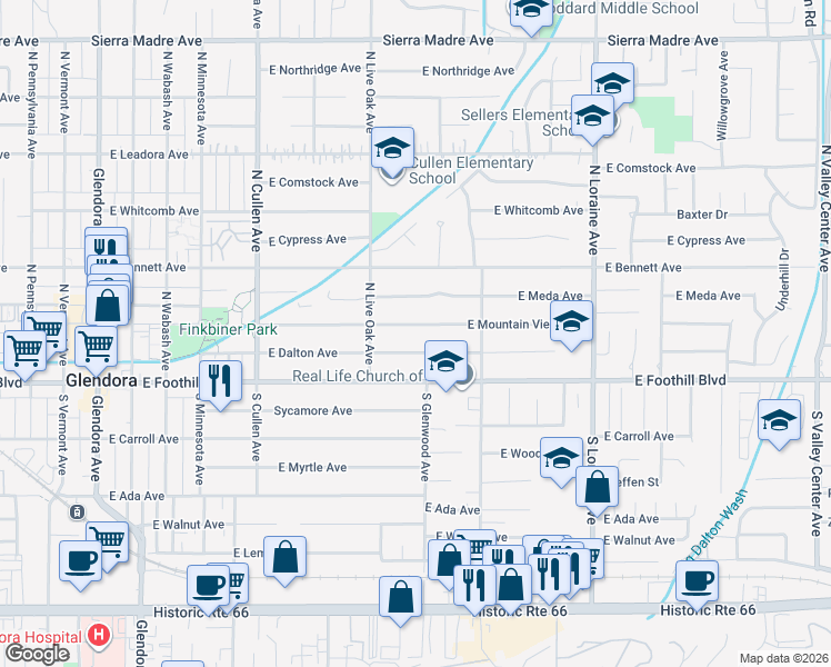 map of restaurants, bars, coffee shops, grocery stores, and more near 750 East Mountain View Avenue in Glendora