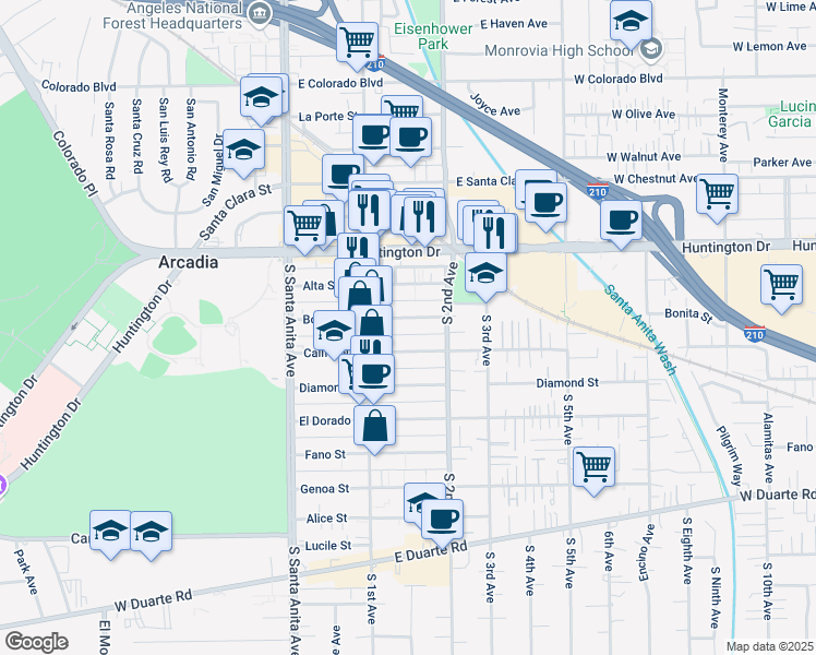 map of restaurants, bars, coffee shops, grocery stores, and more near 155 California Street in Arcadia