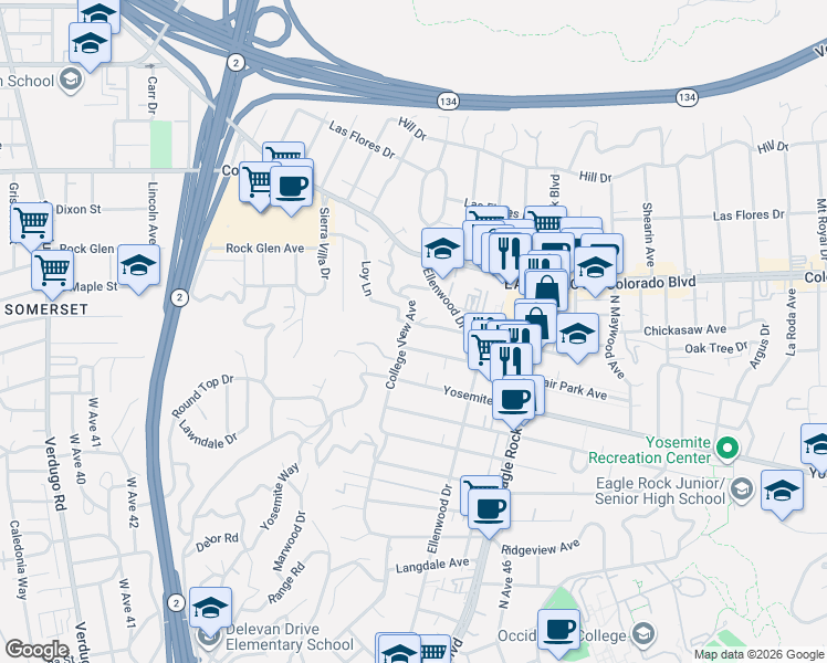 map of restaurants, bars, coffee shops, grocery stores, and more near 4960 College View Avenue in Los Angeles