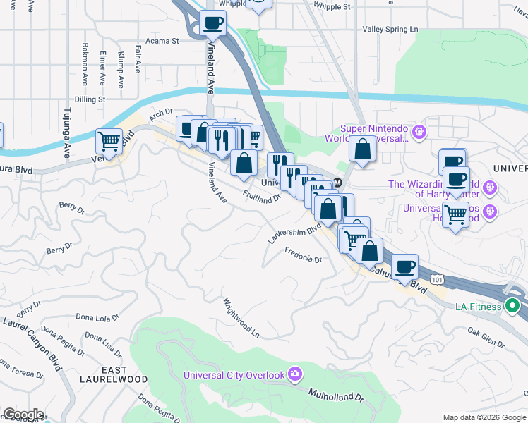 map of restaurants, bars, coffee shops, grocery stores, and more near 3744 Vineland Avenue in Los Angeles