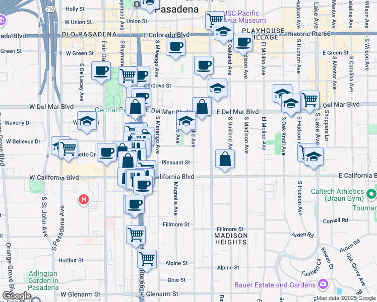 map of restaurants, bars, coffee shops, grocery stores, and more near 477 South Euclid Avenue in Pasadena