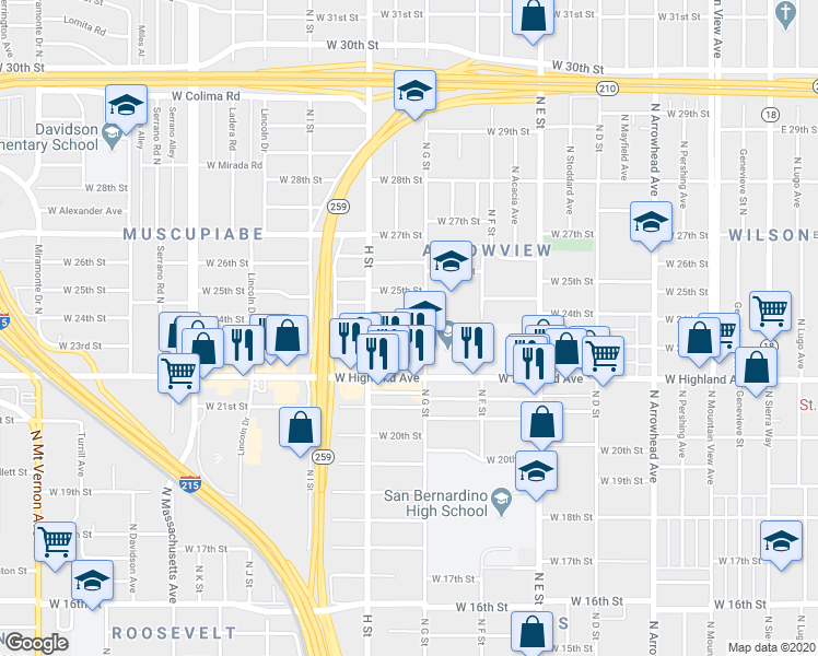 map of restaurants, bars, coffee shops, grocery stores, and more near 733 West 24th Street in San Bernardino
