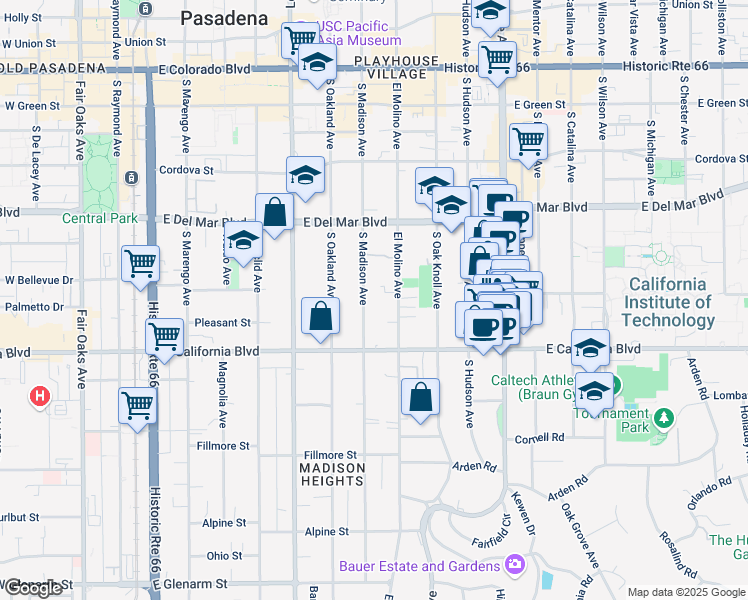 map of restaurants, bars, coffee shops, grocery stores, and more near 478 South Madison Avenue in Pasadena