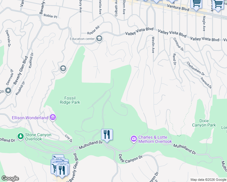 map of restaurants, bars, coffee shops, grocery stores, and more near 3363 Clerendon Road in Beverly Hills