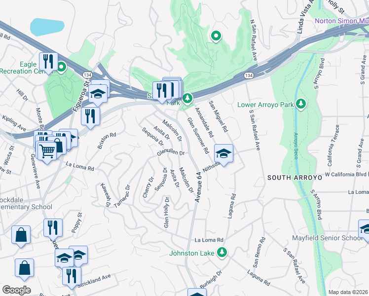 map of restaurants, bars, coffee shops, grocery stores, and more near 216 Malcolm Drive in Pasadena