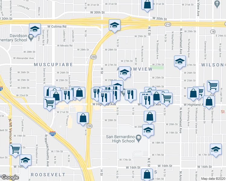 map of restaurants, bars, coffee shops, grocery stores, and more near 733 West 24th Street in San Bernardino