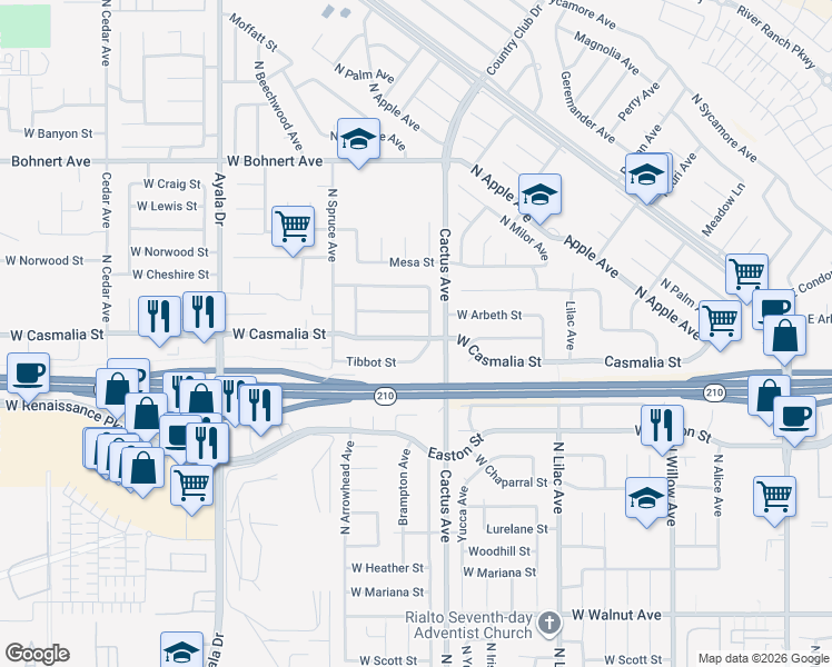 map of restaurants, bars, coffee shops, grocery stores, and more near 19244 Casmalia Street in Rialto