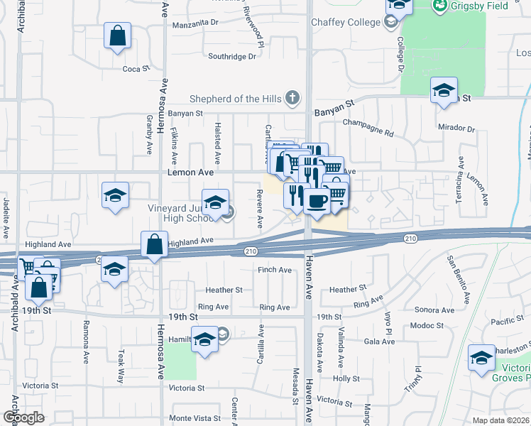 map of restaurants, bars, coffee shops, grocery stores, and more near 6415 Revere Avenue in Rancho Cucamonga