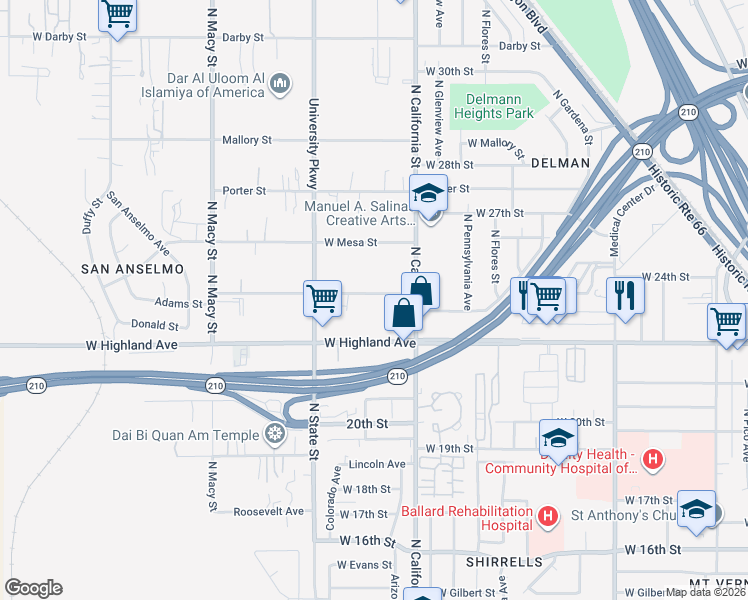 map of restaurants, bars, coffee shops, grocery stores, and more near 1949 Adams Street in Muscoy