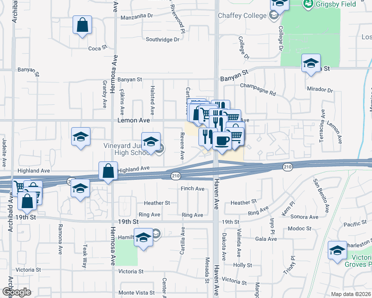 map of restaurants, bars, coffee shops, grocery stores, and more near 6415 Revere Avenue in Rancho Cucamonga
