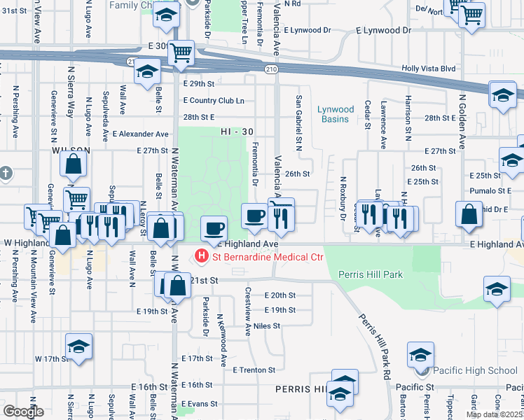map of restaurants, bars, coffee shops, grocery stores, and more near 681 East 23rd Street in San Bernardino