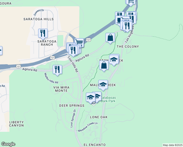 map of restaurants, bars, coffee shops, grocery stores, and more near 4240 Lost Hills Road in Agoura Hills