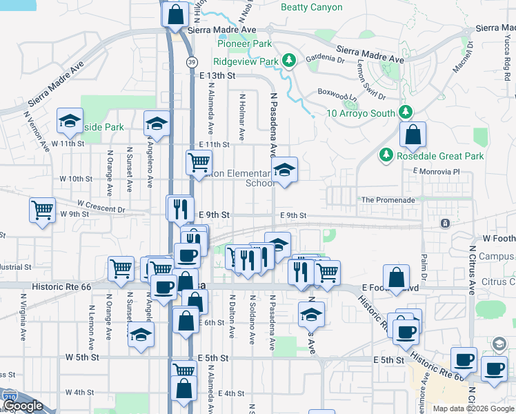 map of restaurants, bars, coffee shops, grocery stores, and more near 908 North Soldano Avenue in Azusa