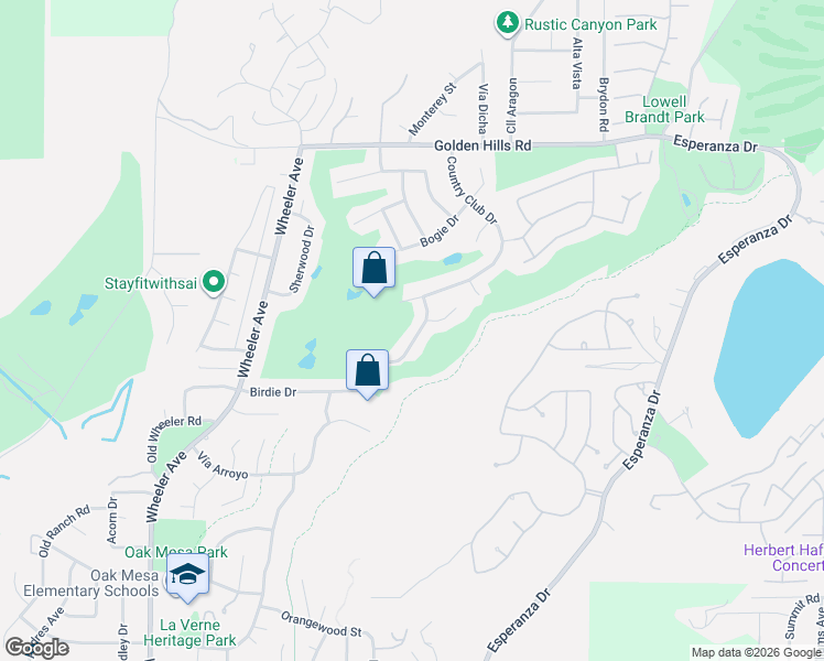 map of restaurants, bars, coffee shops, grocery stores, and more near 6229 Birdie Drive in La Verne