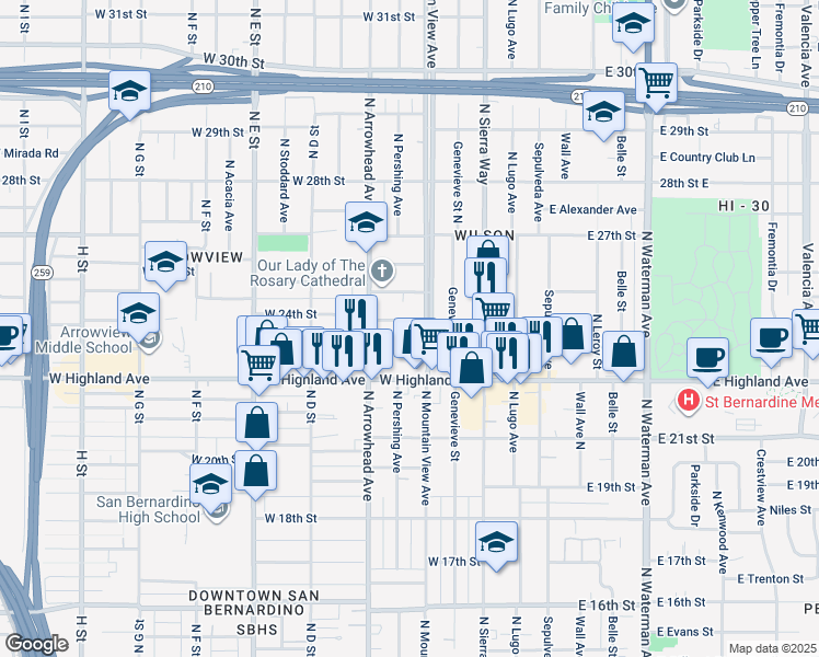map of restaurants, bars, coffee shops, grocery stores, and more near 231 West 24th Street in San Bernardino