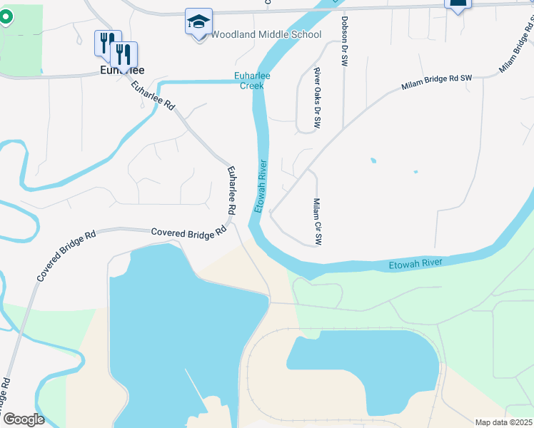 map of restaurants, bars, coffee shops, grocery stores, and more near 12 Milam Circle Southwest in Cartersville