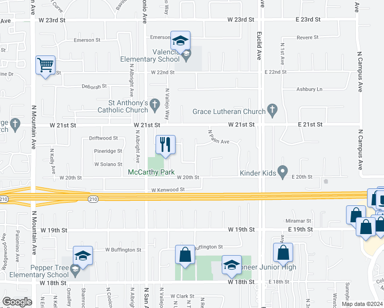 map of restaurants, bars, coffee shops, grocery stores, and more near 2045 North Redding Way in Upland