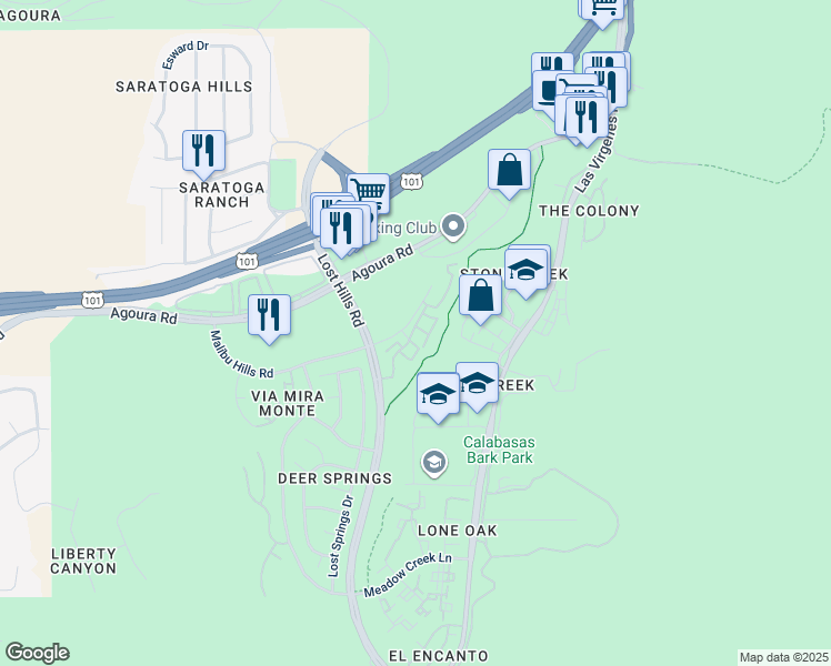 map of restaurants, bars, coffee shops, grocery stores, and more near 4240 Lost Hills Road in Agoura Hills