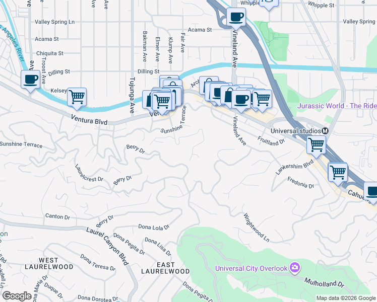 map of restaurants, bars, coffee shops, grocery stores, and more near 3721 Eureka Drive in Los Angeles