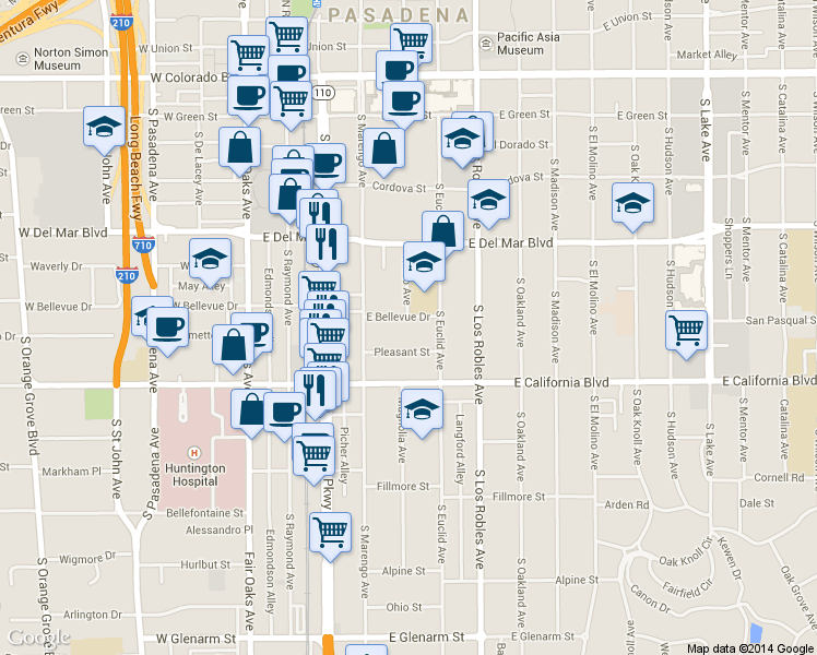 map of restaurants, bars, coffee shops, grocery stores, and more near 285 Pleasant Street in Pasadena