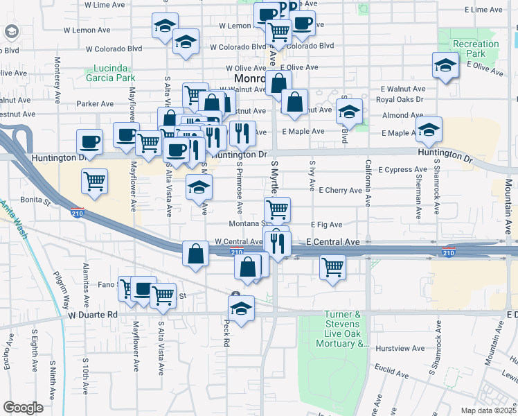 map of restaurants, bars, coffee shops, grocery stores, and more near 124 West Cherry Avenue in Monrovia