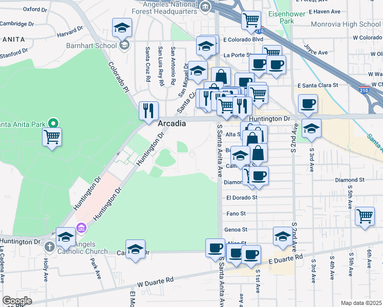 map of restaurants, bars, coffee shops, grocery stores, and more near 405 South Santa Anita Avenue in Arcadia