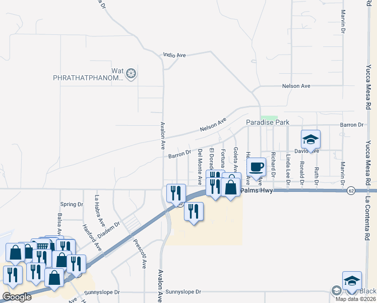 map of restaurants, bars, coffee shops, grocery stores, and more near Camarilla Avenue in Yucca Valley