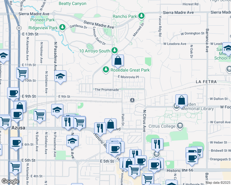 map of restaurants, bars, coffee shops, grocery stores, and more near 905 N Bouquet Ct in Azusa