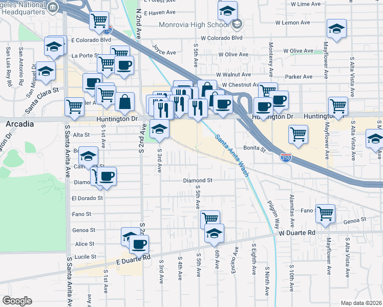 map of restaurants, bars, coffee shops, grocery stores, and more near 213 South 5th Avenue in Arcadia