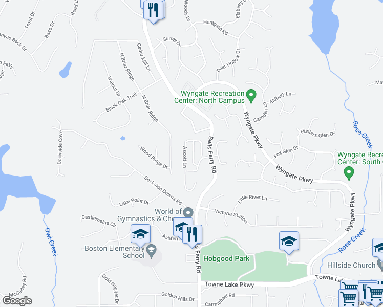 map of restaurants, bars, coffee shops, grocery stores, and more near 417 Belmont Way in Woodstock