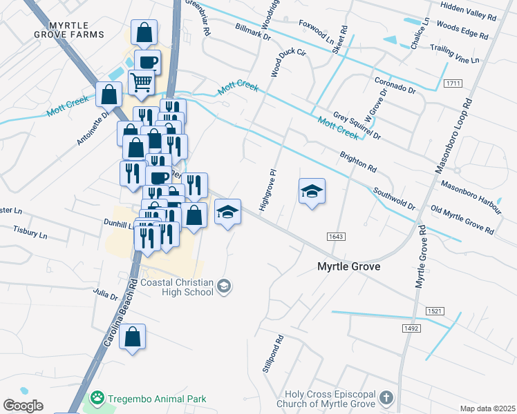 map of restaurants, bars, coffee shops, grocery stores, and more near 5768 Highgrove Place in Wilmington