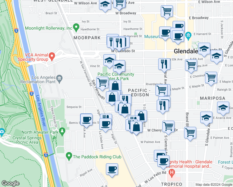 map of restaurants, bars, coffee shops, grocery stores, and more near 627 South Pacific Avenue in Glendale