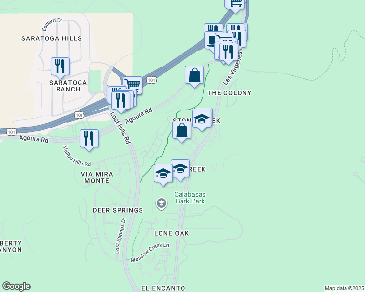 map of restaurants, bars, coffee shops, grocery stores, and more near 4265 Las Virgenes Road in Calabasas