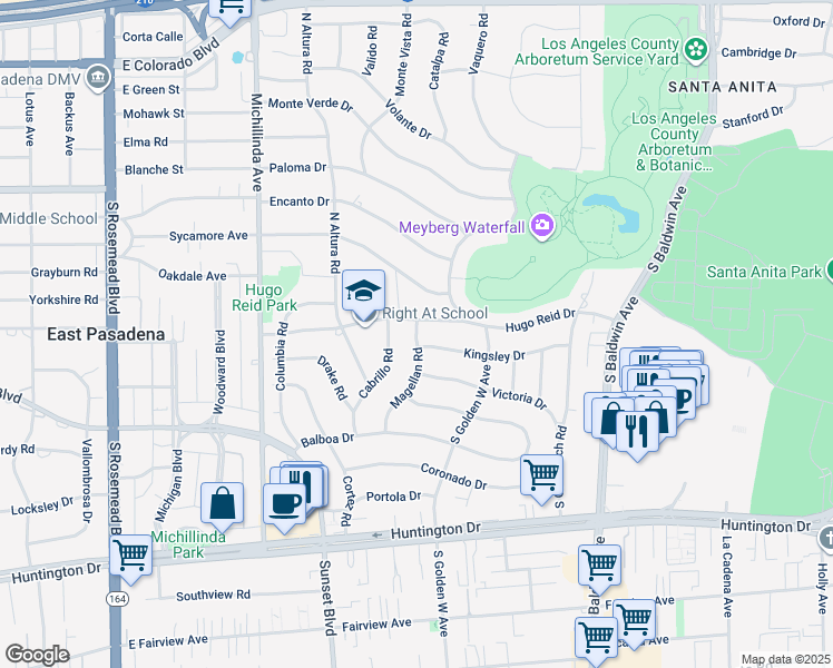 map of restaurants, bars, coffee shops, grocery stores, and more near 412 Magellan Road in Arcadia