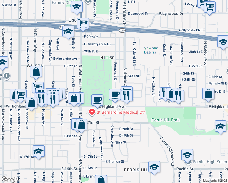 map of restaurants, bars, coffee shops, grocery stores, and more near 2358 Fremontia Drive in San Bernardino